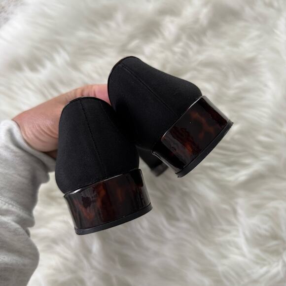 Stuart Weitzman | Womens Classic Slip-On Loafer Black Fabric Tortoise Trim Heels - Picture 3 of 9